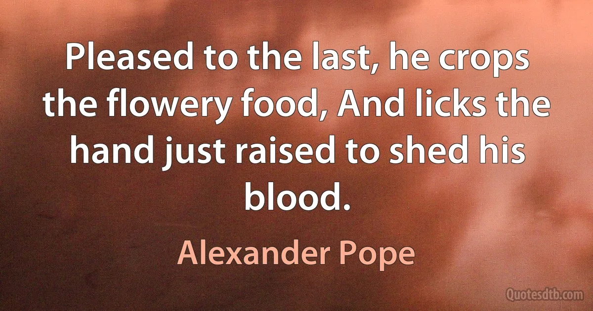 Pleased to the last, he crops the flowery food, And licks the hand just raised to shed his blood. (Alexander Pope)