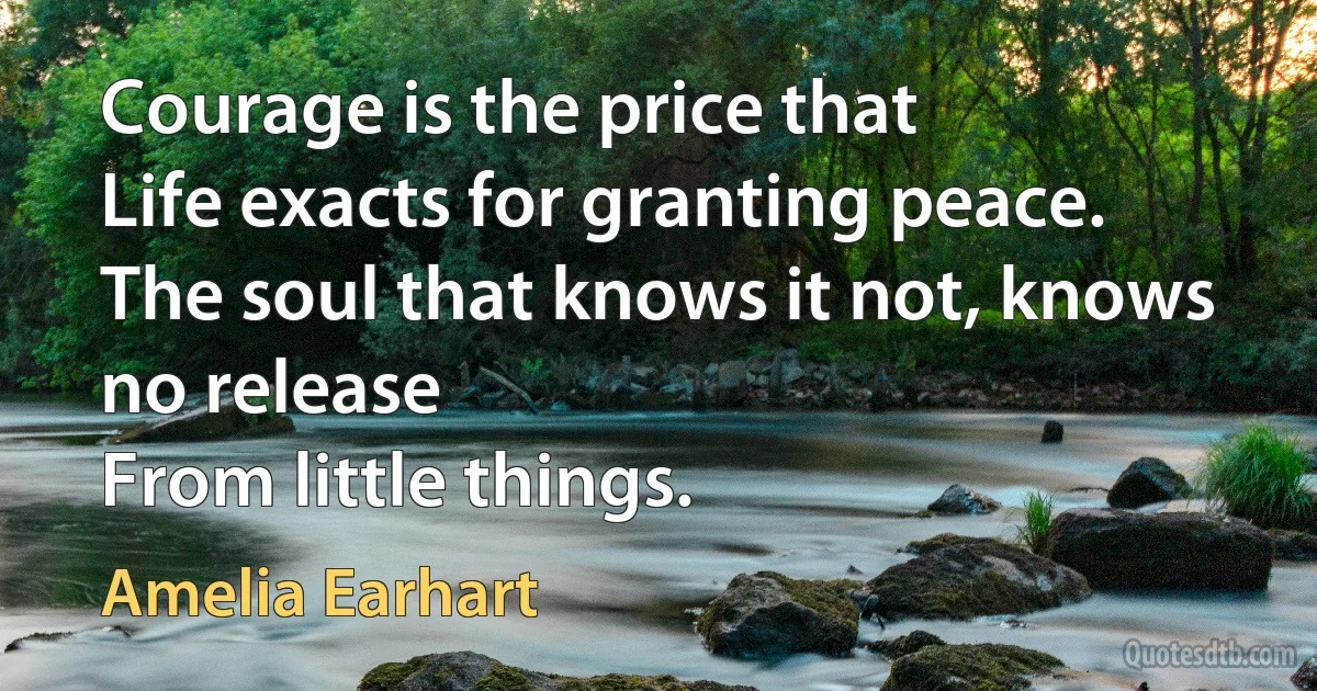 Courage is the price that
Life exacts for granting peace.
The soul that knows it not, knows no release
From little things. (Amelia Earhart)