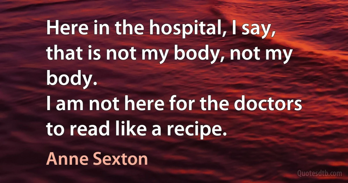 Here in the hospital, I say,
that is not my body, not my body.
I am not here for the doctors
to read like a recipe. (Anne Sexton)