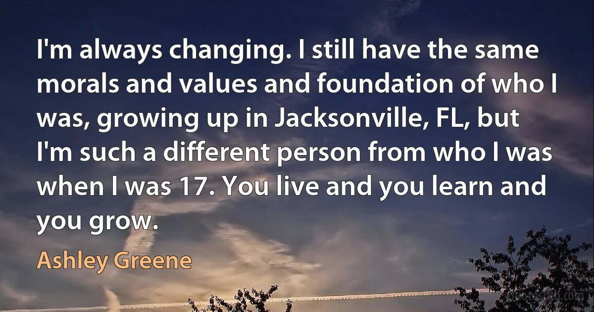 I'm always changing. I still have the same morals and values and foundation of who I was, growing up in Jacksonville, FL, but I'm such a different person from who I was when I was 17. You live and you learn and you grow. (Ashley Greene)