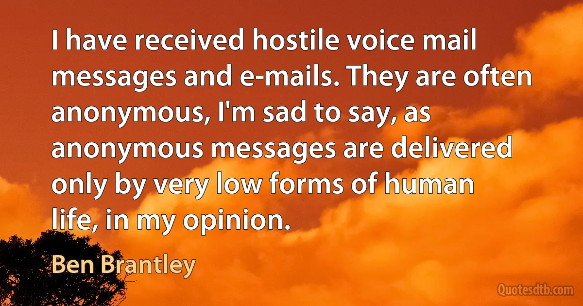 I have received hostile voice mail messages and e-mails. They are often anonymous, I'm sad to say, as anonymous messages are delivered only by very low forms of human life, in my opinion. (Ben Brantley)