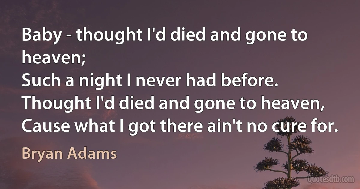 Baby - thought I'd died and gone to heaven;
Such a night I never had before.
Thought I'd died and gone to heaven,
Cause what I got there ain't no cure for. (Bryan Adams)