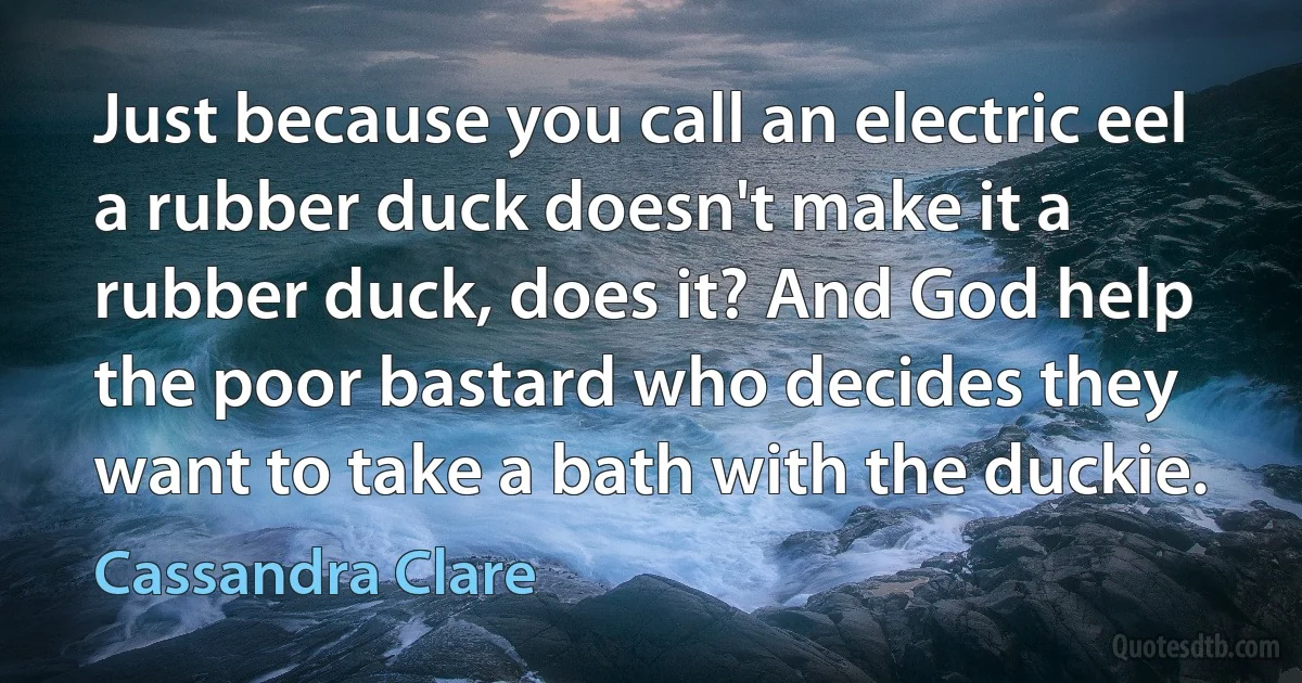 Just because you call an electric eel a rubber duck doesn't make it a rubber duck, does it? And God help the poor bastard who decides they want to take a bath with the duckie. (Cassandra Clare)