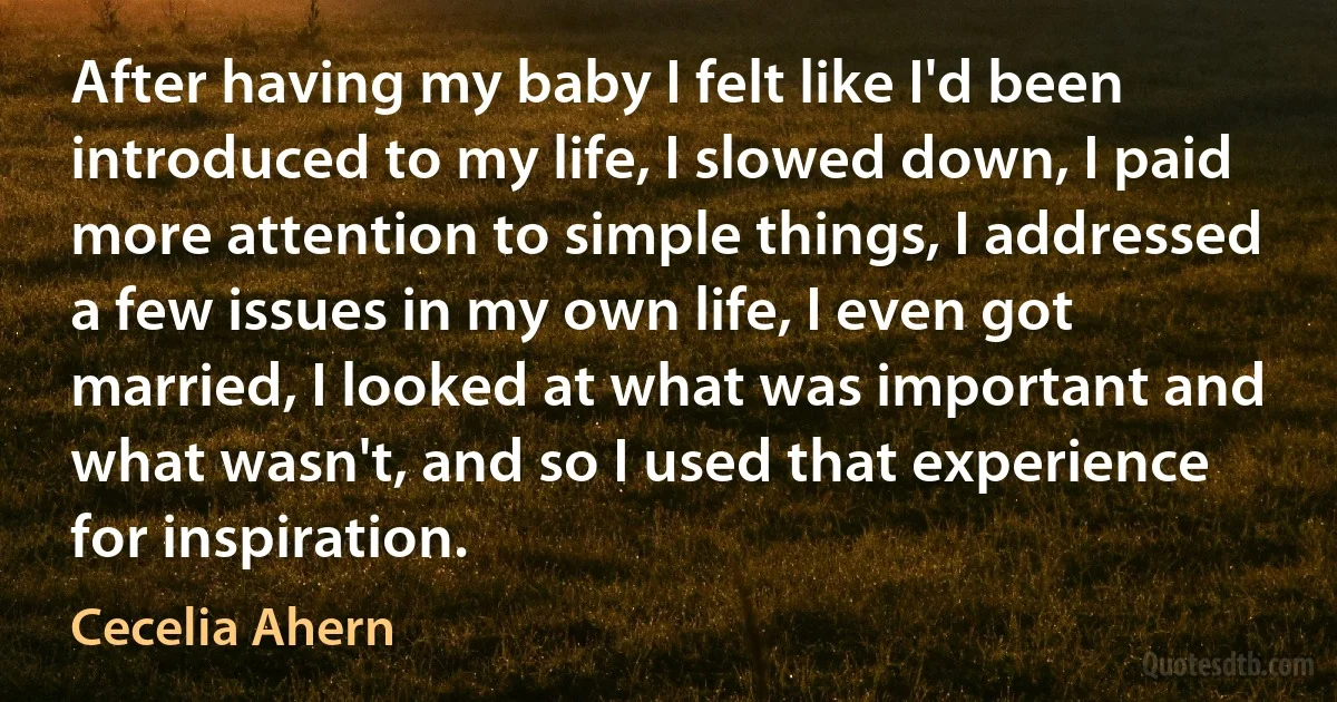 After having my baby I felt like I'd been introduced to my life, I slowed down, I paid more attention to simple things, I addressed a few issues in my own life, I even got married, I looked at what was important and what wasn't, and so I used that experience for inspiration. (Cecelia Ahern)