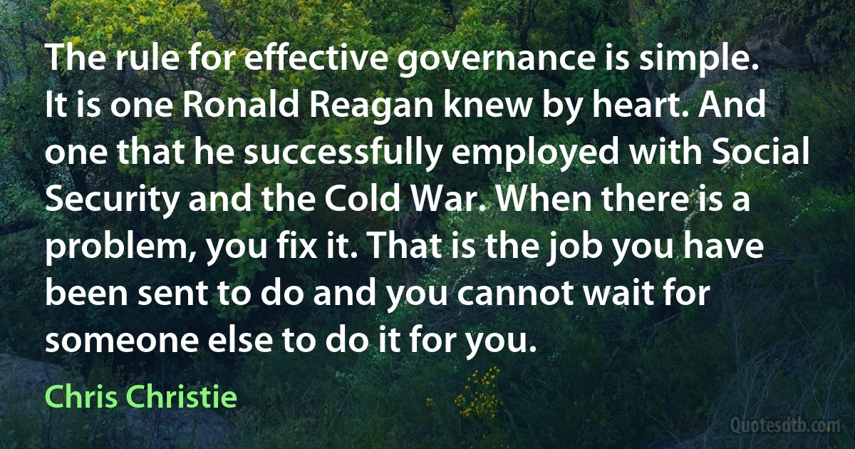 The rule for effective governance is simple. It is one Ronald Reagan knew by heart. And one that he successfully employed with Social Security and the Cold War. When there is a problem, you fix it. That is the job you have been sent to do and you cannot wait for someone else to do it for you. (Chris Christie)