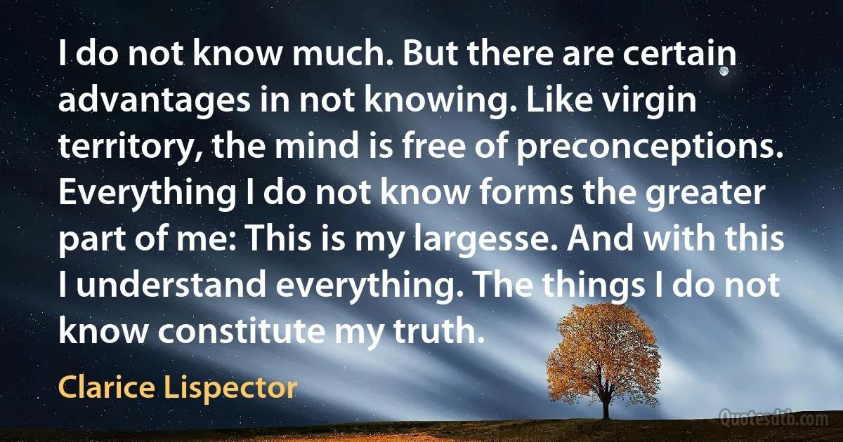 I do not know much. But there are certain advantages in not knowing. Like virgin territory, the mind is free of preconceptions. Everything I do not know forms the greater part of me: This is my largesse. And with this I understand everything. The things I do not know constitute my truth. (Clarice Lispector)