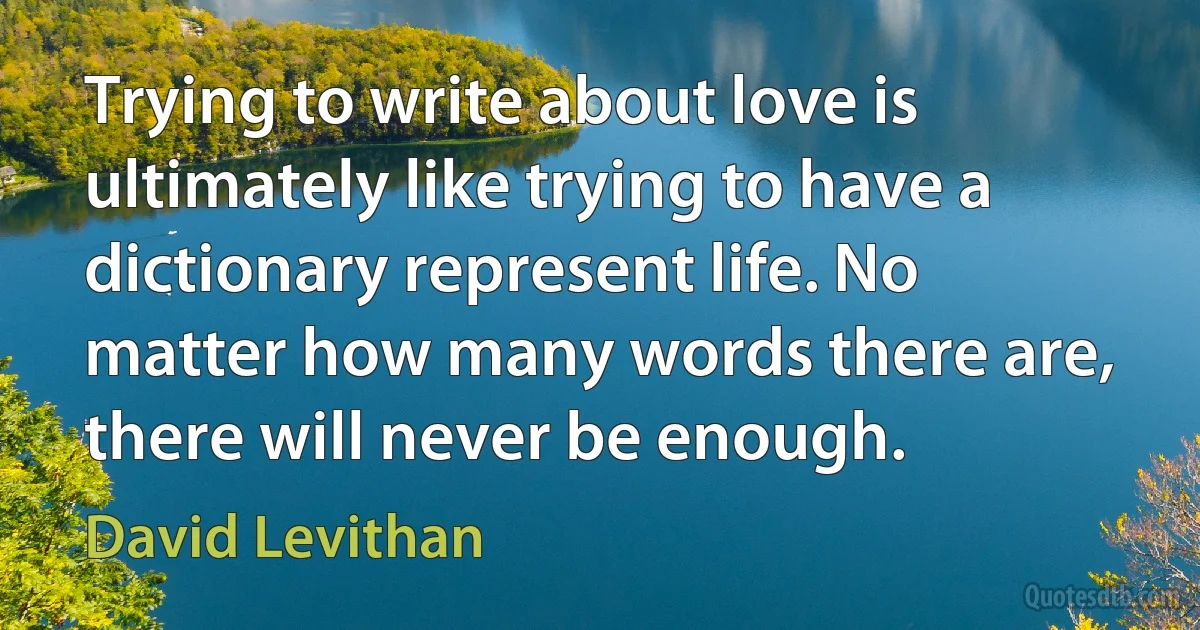 Trying to write about love is ultimately like trying to have a dictionary represent life. No matter how many words there are, there will never be enough. (David Levithan)