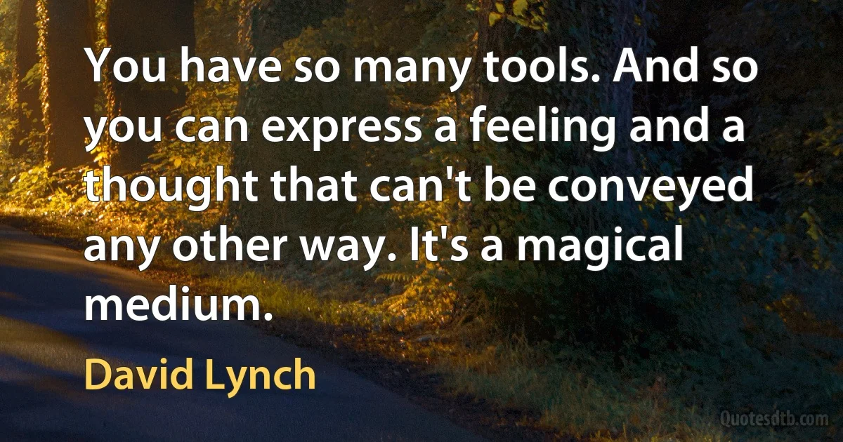 You have so many tools. And so you can express a feeling and a thought that can't be conveyed any other way. It's a magical medium. (David Lynch)