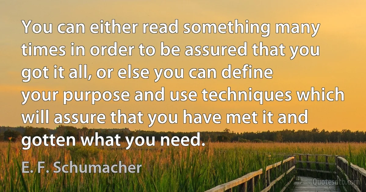 You can either read something many times in order to be assured that you got it all, or else you can define your purpose and use techniques which will assure that you have met it and gotten what you need. (E. F. Schumacher)