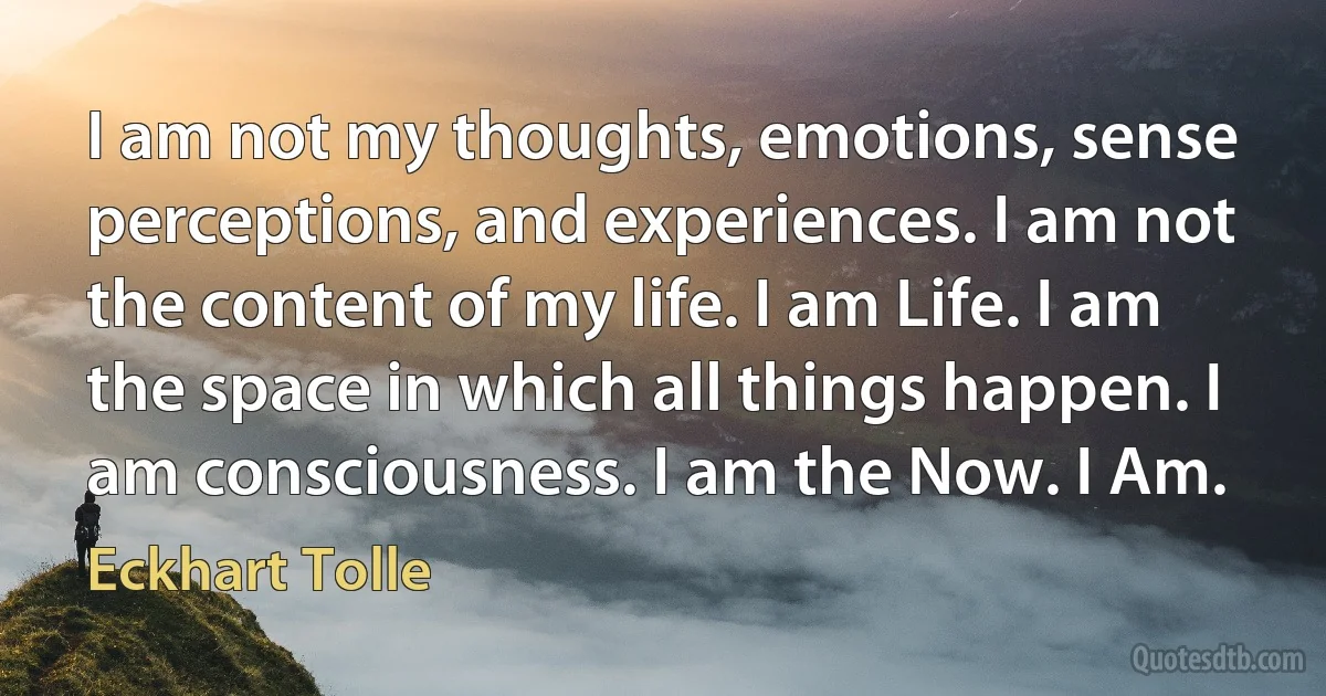 I am not my thoughts, emotions, sense perceptions, and experiences. I am not the content of my life. I am Life. I am the space in which all things happen. I am consciousness. I am the Now. I Am. (Eckhart Tolle)