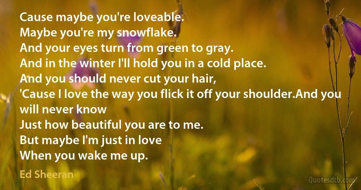 Cause maybe you're loveable.
Maybe you're my snowflake.
And your eyes turn from green to gray.
And in the winter I'll hold you in a cold place.
And you should never cut your hair,
'Cause I love the way you flick it off your shoulder.And you will never know
Just how beautiful you are to me.
But maybe I'm just in love
When you wake me up. (Ed Sheeran)