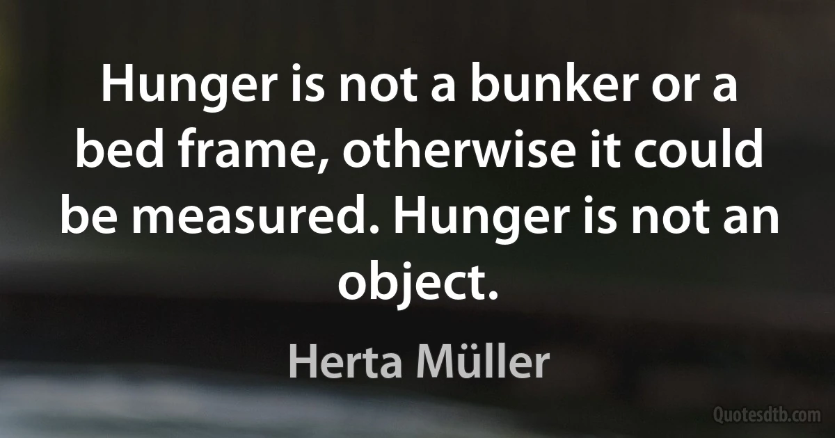 Hunger is not a bunker or a bed frame, otherwise it could be measured. Hunger is not an object. (Herta Müller)