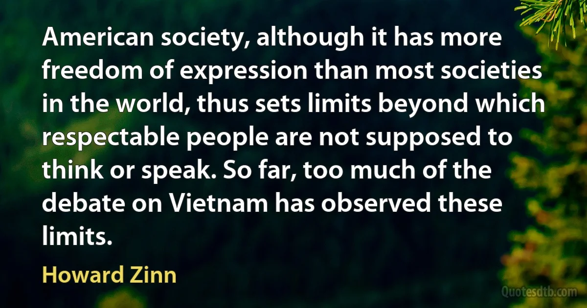 American society, although it has more freedom of expression than most societies in the world, thus sets limits beyond which respectable people are not supposed to think or speak. So far, too much of the debate on Vietnam has observed these limits. (Howard Zinn)