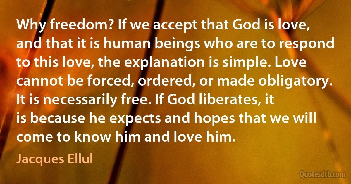 Why freedom? If we accept that God is love, and that it is human beings who are to respond to this love, the explanation is simple. Love cannot be forced, ordered, or made obligatory. It is necessarily free. If God liberates, it is because he expects and hopes that we will come to know him and love him. (Jacques Ellul)