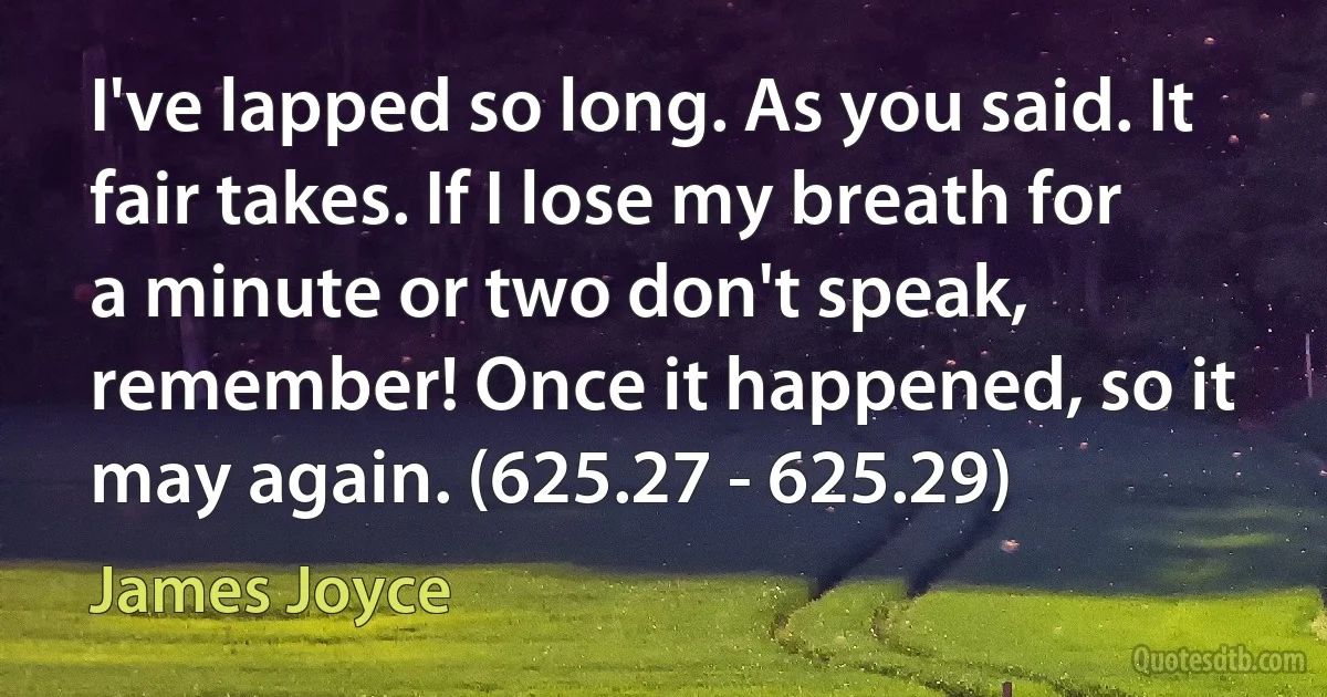 I've lapped so long. As you said. It fair takes. If I lose my breath for a minute or two don't speak, remember! Once it happened, so it may again. (625.27 - 625.29) (James Joyce)