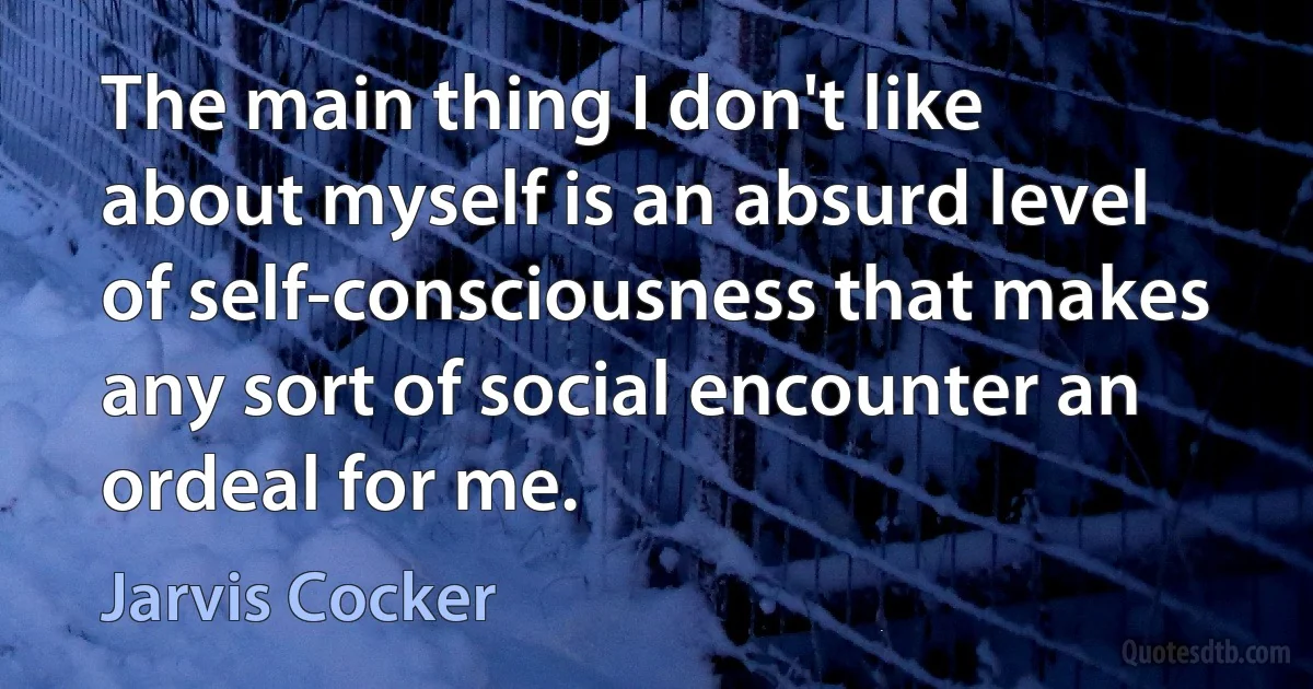 The main thing I don't like about myself is an absurd level of self-consciousness that makes any sort of social encounter an ordeal for me. (Jarvis Cocker)