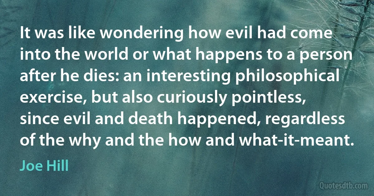 It was like wondering how evil had come into the world or what happens to a person after he dies: an interesting philosophical exercise, but also curiously pointless, since evil and death happened, regardless of the why and the how and what-it-meant. (Joe Hill)