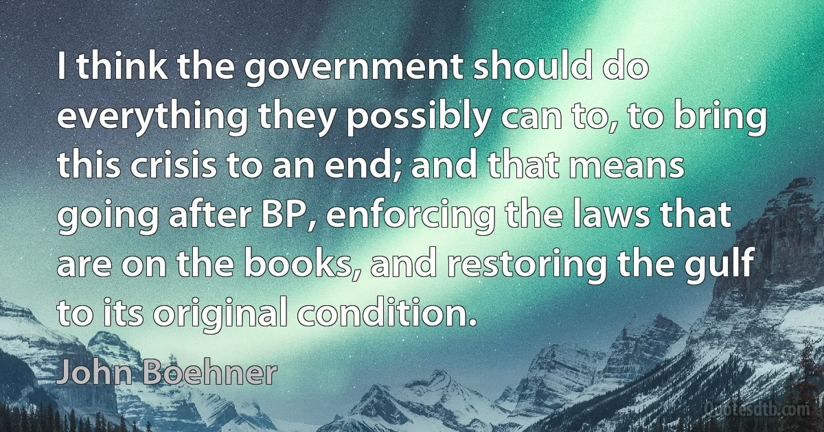 I think the government should do everything they possibly can to, to bring this crisis to an end; and that means going after BP, enforcing the laws that are on the books, and restoring the gulf to its original condition. (John Boehner)