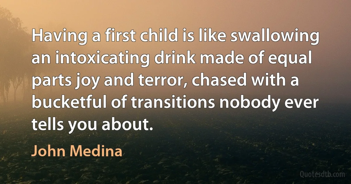 Having a first child is like swallowing an intoxicating drink made of equal parts joy and terror, chased with a bucketful of transitions nobody ever tells you about. (John Medina)