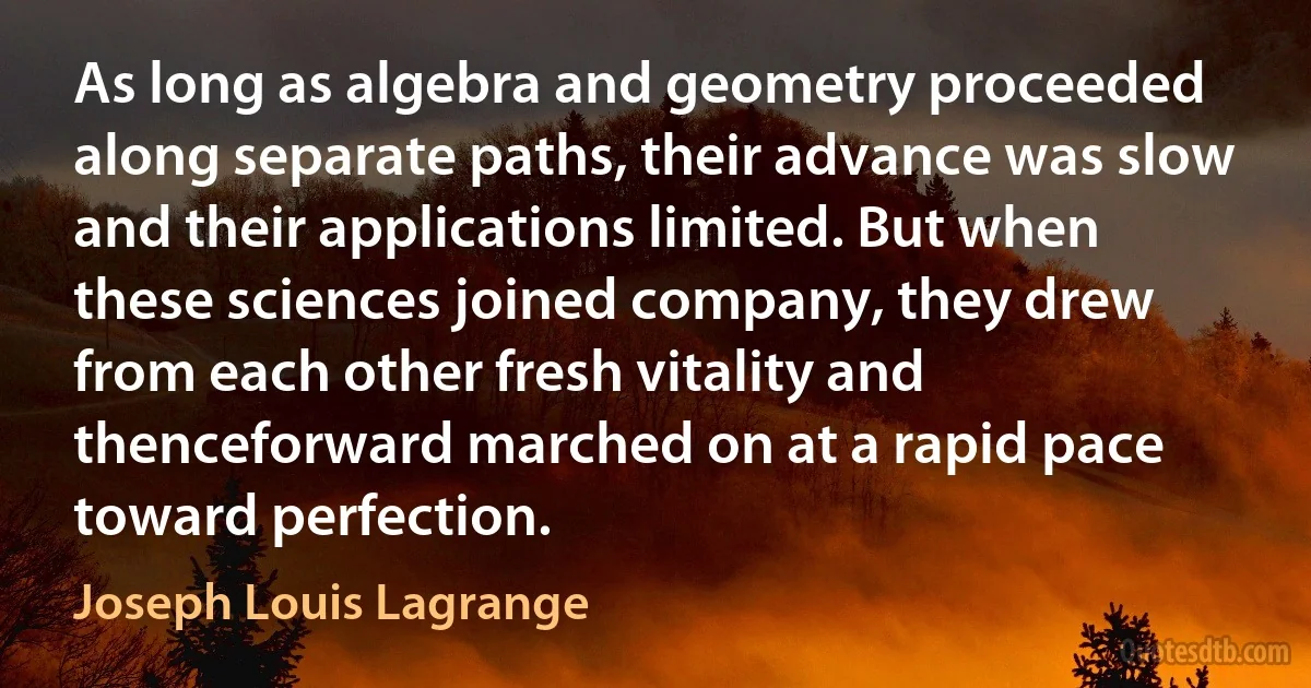 As long as algebra and geometry proceeded along separate paths, their advance was slow and their applications limited. But when these sciences joined company, they drew from each other fresh vitality and thenceforward marched on at a rapid pace toward perfection. (Joseph Louis Lagrange)