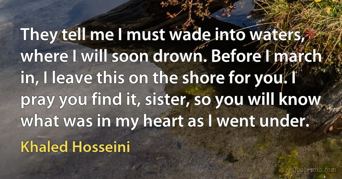 They tell me I must wade into waters, where I will soon drown. Before I march in, I leave this on the shore for you. I pray you find it, sister, so you will know what was in my heart as I went under. (Khaled Hosseini)