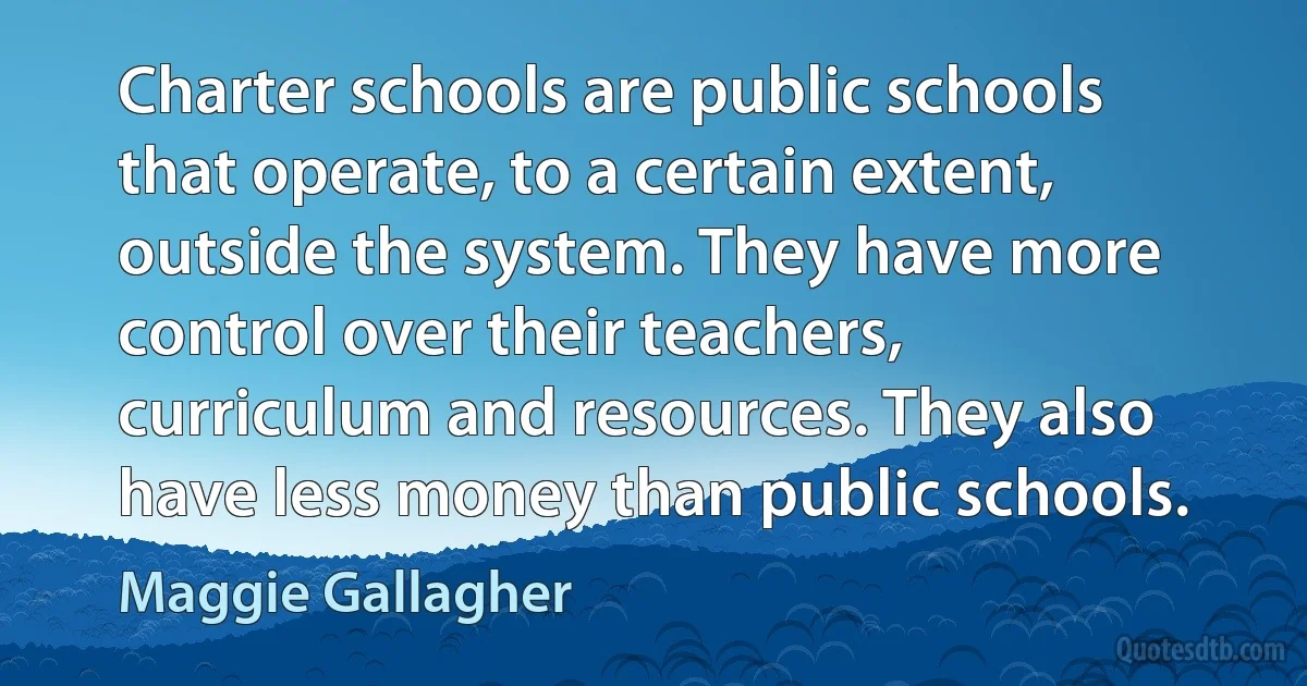 Charter schools are public schools that operate, to a certain extent, outside the system. They have more control over their teachers, curriculum and resources. They also have less money than public schools. (Maggie Gallagher)