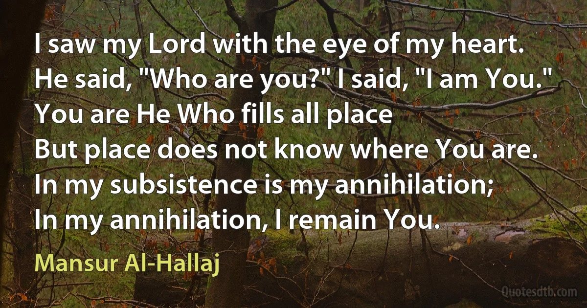 I saw my Lord with the eye of my heart.
He said, "Who are you?" I said, "I am You."
You are He Who fills all place
But place does not know where You are.
In my subsistence is my annihilation;
In my annihilation, I remain You. (Mansur Al-Hallaj)