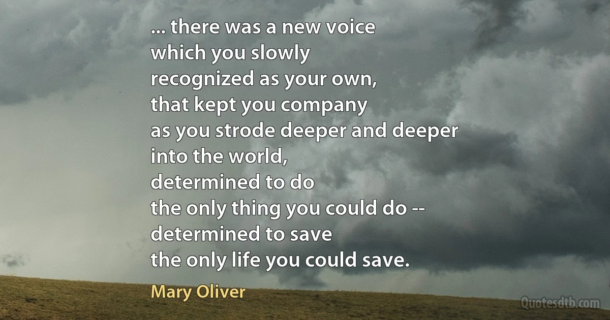 ... there was a new voice
which you slowly
recognized as your own,
that kept you company
as you strode deeper and deeper
into the world,
determined to do
the only thing you could do --
determined to save
the only life you could save. (Mary Oliver)