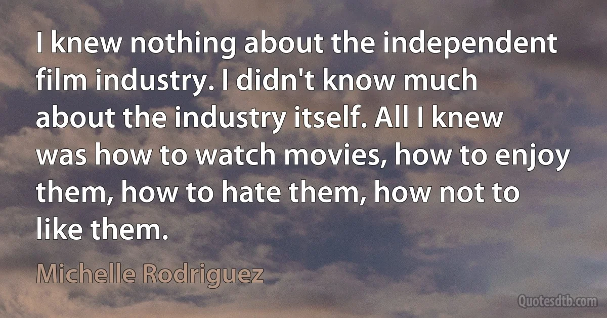 I knew nothing about the independent film industry. I didn't know much about the industry itself. All I knew was how to watch movies, how to enjoy them, how to hate them, how not to like them. (Michelle Rodriguez)