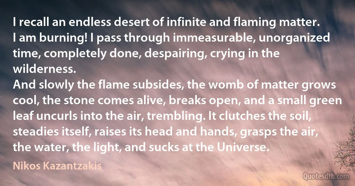 I recall an endless desert of infinite and flaming matter. I am burning! I pass through immeasurable, unorganized time, completely done, despairing, crying in the wilderness.
And slowly the flame subsides, the womb of matter grows cool, the stone comes alive, breaks open, and a small green leaf uncurls into the air, trembling. It clutches the soil, steadies itself, raises its head and hands, grasps the air, the water, the light, and sucks at the Universe. (Nikos Kazantzakis)