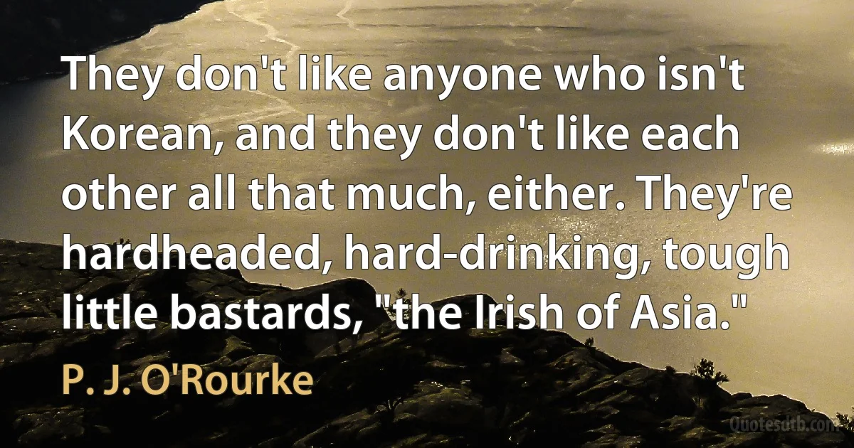 They don't like anyone who isn't Korean, and they don't like each other all that much, either. They're hardheaded, hard-drinking, tough little bastards, "the Irish of Asia." (P. J. O'Rourke)