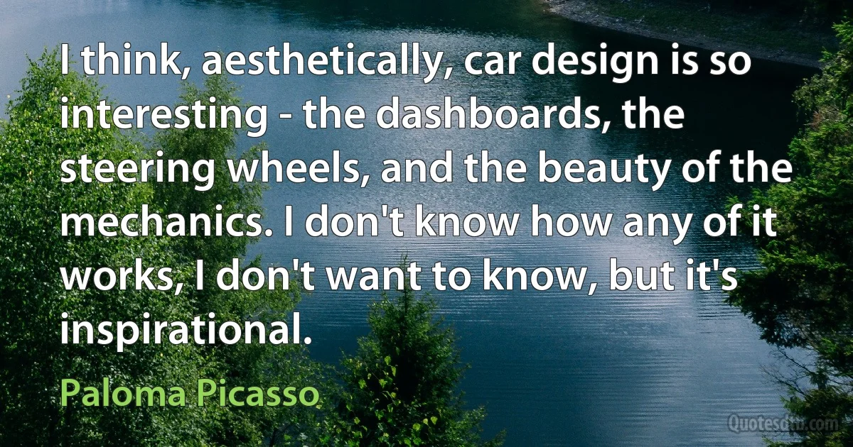 I think, aesthetically, car design is so interesting - the dashboards, the steering wheels, and the beauty of the mechanics. I don't know how any of it works, I don't want to know, but it's inspirational. (Paloma Picasso)