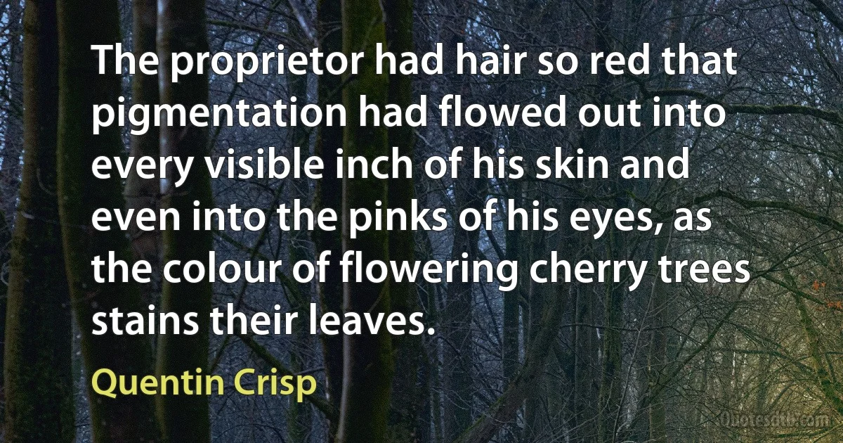 The proprietor had hair so red that pigmentation had flowed out into every visible inch of his skin and even into the pinks of his eyes, as the colour of flowering cherry trees stains their leaves. (Quentin Crisp)