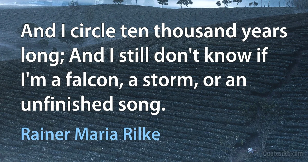 And I circle ten thousand years long; And I still don't know if I'm a falcon, a storm, or an unfinished song. (Rainer Maria Rilke)