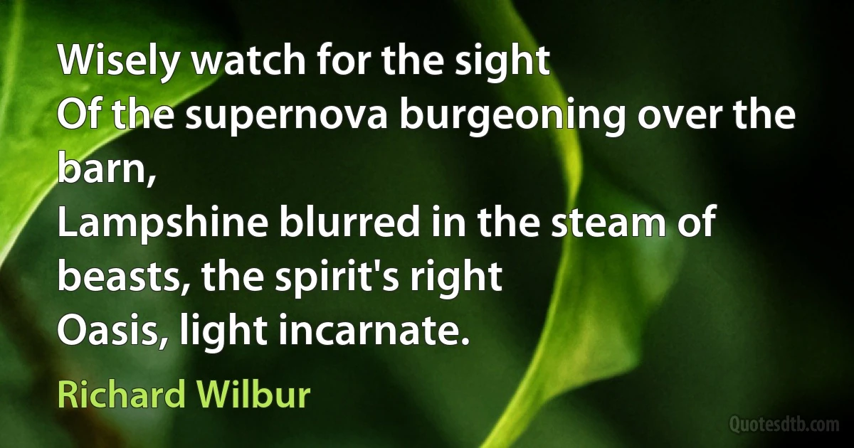 Wisely watch for the sight
Of the supernova burgeoning over the barn,
Lampshine blurred in the steam of beasts, the spirit's right
Oasis, light incarnate. (Richard Wilbur)