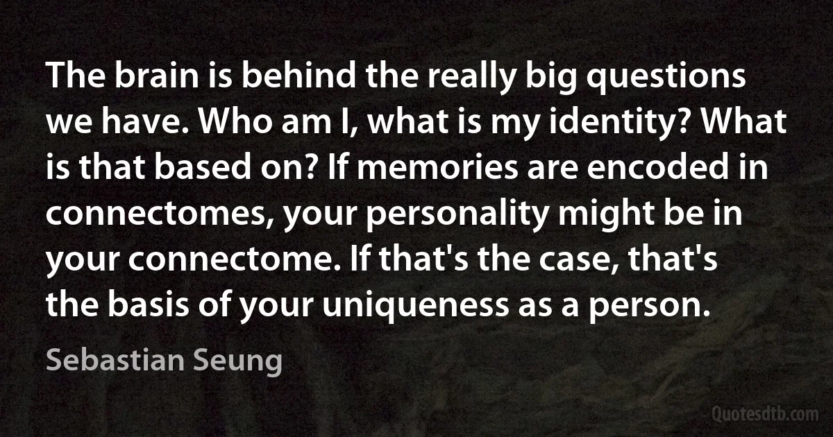 The brain is behind the really big questions we have. Who am I, what is my identity? What is that based on? If memories are encoded in connectomes, your personality might be in your connectome. If that's the case, that's the basis of your uniqueness as a person. (Sebastian Seung)