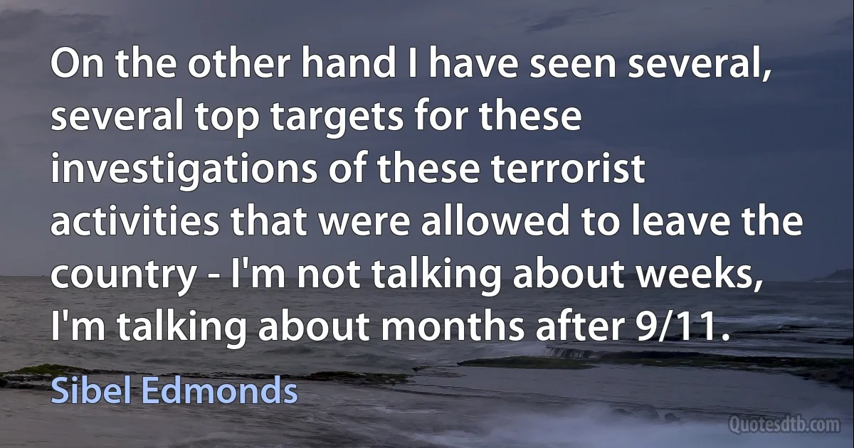 On the other hand I have seen several, several top targets for these investigations of these terrorist activities that were allowed to leave the country - I'm not talking about weeks, I'm talking about months after 9/11. (Sibel Edmonds)