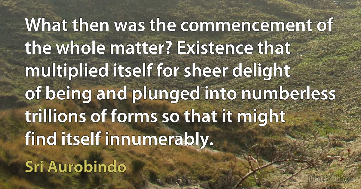 What then was the commencement of the whole matter? Existence that multiplied itself for sheer delight of being and plunged into numberless trillions of forms so that it might find itself innumerably. (Sri Aurobindo)