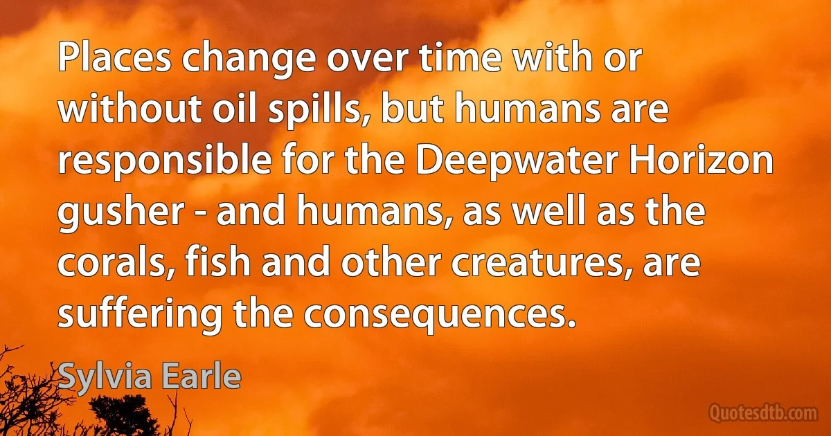 Places change over time with or without oil spills, but humans are responsible for the Deepwater Horizon gusher - and humans, as well as the corals, fish and other creatures, are suffering the consequences. (Sylvia Earle)