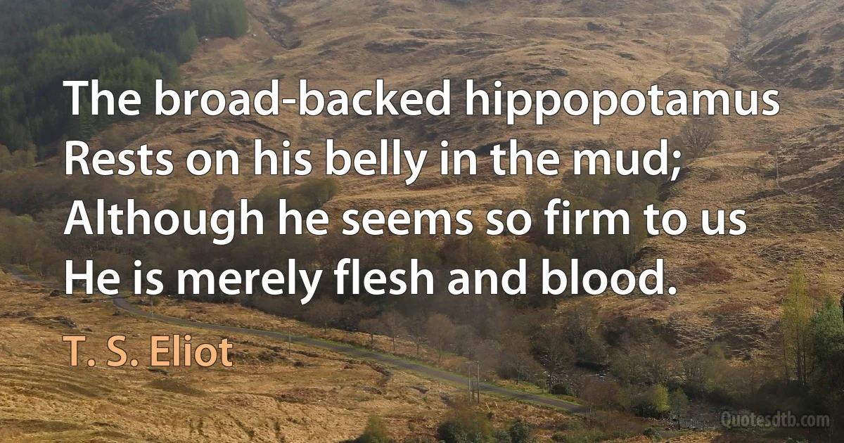 The broad-backed hippopotamus
Rests on his belly in the mud;
Although he seems so firm to us
He is merely flesh and blood. (T. S. Eliot)