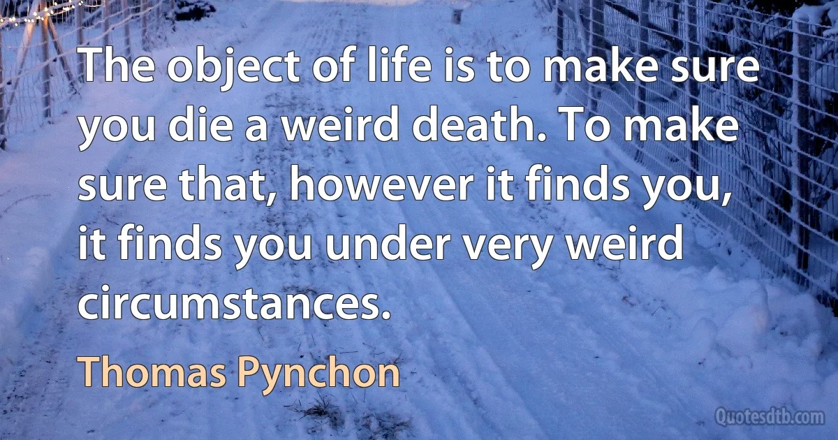 The object of life is to make sure you die a weird death. To make sure that, however it finds you, it finds you under very weird circumstances. (Thomas Pynchon)