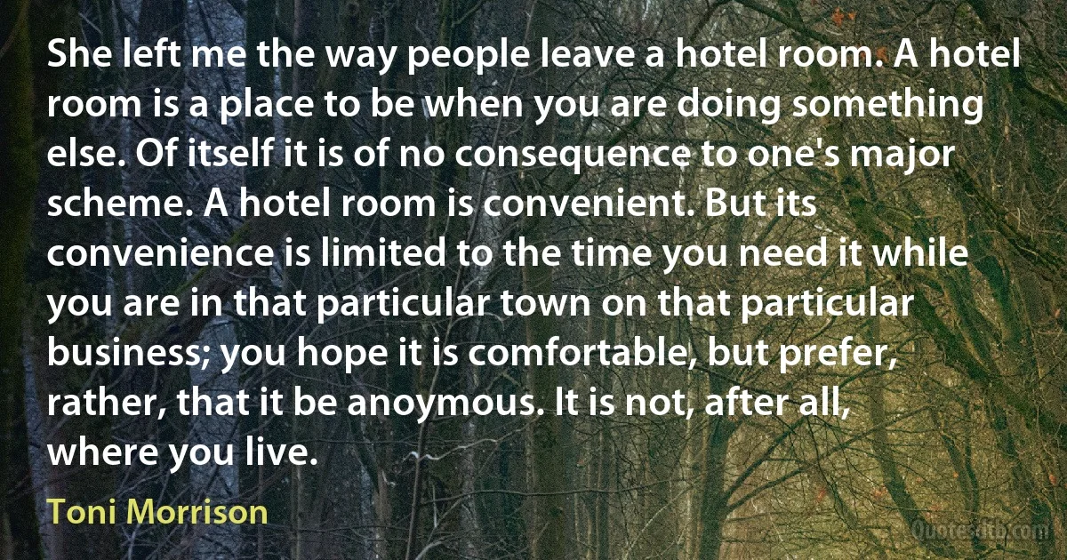 She left me the way people leave a hotel room. A hotel room is a place to be when you are doing something else. Of itself it is of no consequence to one's major scheme. A hotel room is convenient. But its convenience is limited to the time you need it while you are in that particular town on that particular business; you hope it is comfortable, but prefer, rather, that it be anoymous. It is not, after all, where you live. (Toni Morrison)