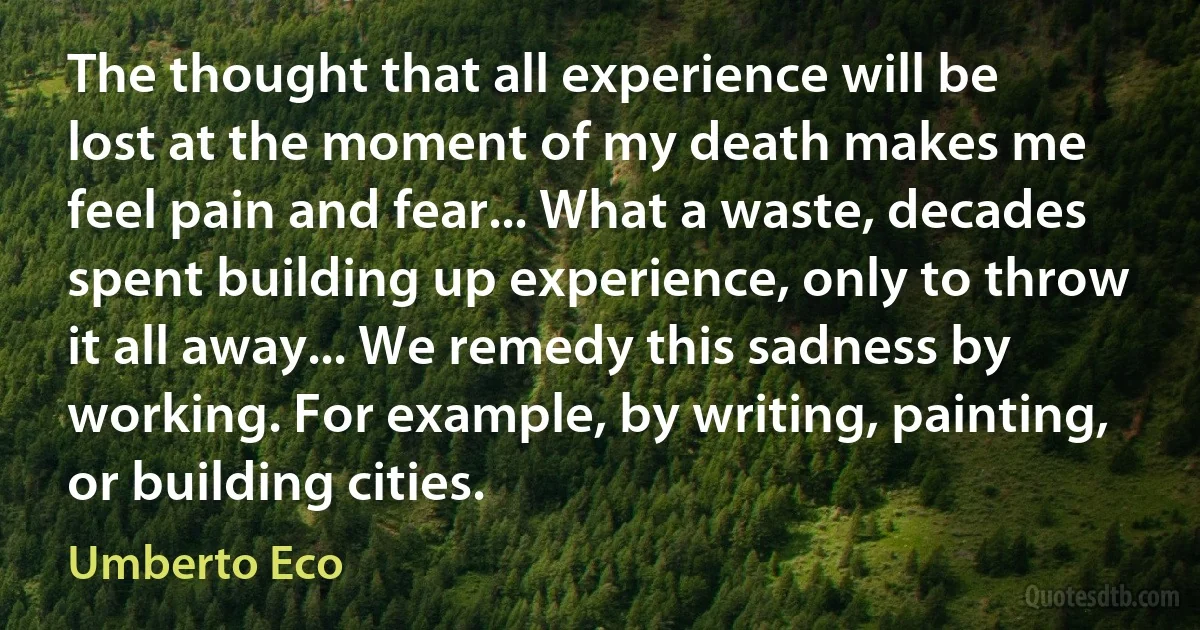 The thought that all experience will be lost at the moment of my death makes me feel pain and fear... What a waste, decades spent building up experience, only to throw it all away... We remedy this sadness by working. For example, by writing, painting, or building cities. (Umberto Eco)