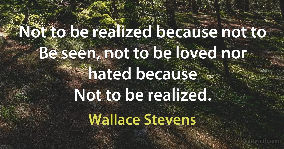 Not to be realized because not to
Be seen, not to be loved nor hated because
Not to be realized. (Wallace Stevens)