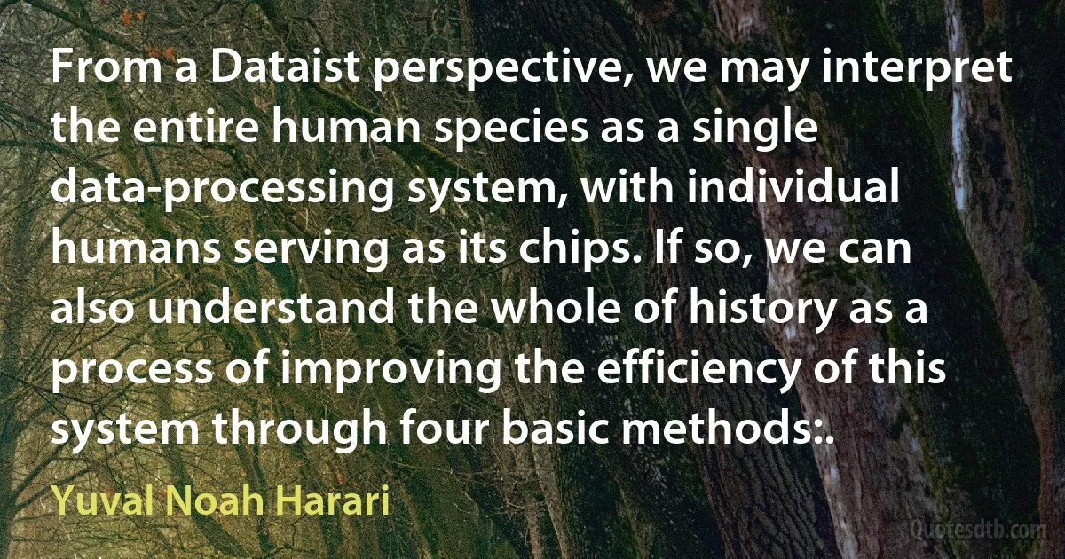 From a Dataist perspective, we may interpret the entire human species as a single data-processing system, with individual humans serving as its chips. If so, we can also understand the whole of history as a process of improving the efficiency of this system through four basic methods:. (Yuval Noah Harari)