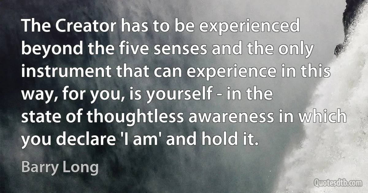 The Creator has to be experienced beyond the five senses and the only instrument that can experience in this way, for you, is yourself - in the state of thoughtless awareness in which you declare 'I am' and hold it. (Barry Long)