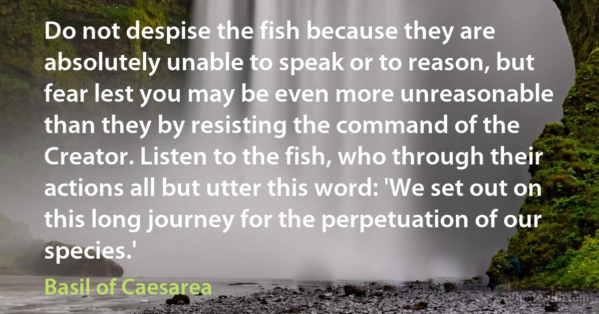 Do not despise the fish because they are absolutely unable to speak or to reason, but fear lest you may be even more unreasonable than they by resisting the command of the Creator. Listen to the fish, who through their actions all but utter this word: 'We set out on this long journey for the perpetuation of our species.' (Basil of Caesarea)