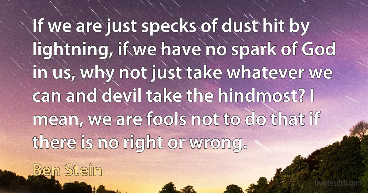 If we are just specks of dust hit by lightning, if we have no spark of God in us, why not just take whatever we can and devil take the hindmost? I mean, we are fools not to do that if there is no right or wrong. (Ben Stein)