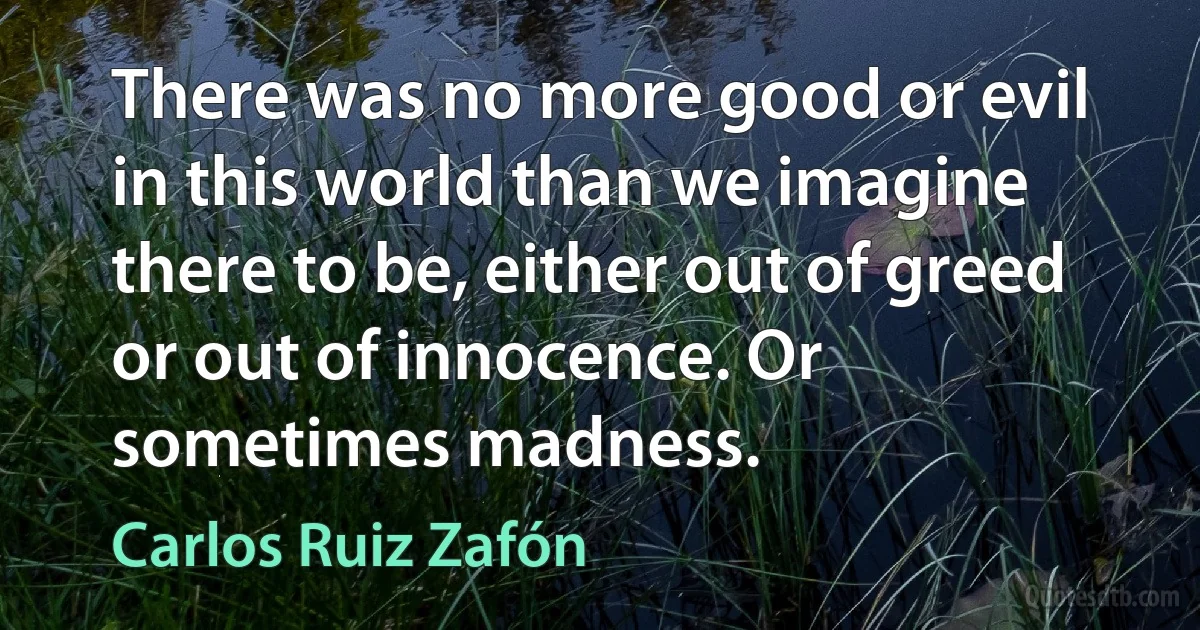 There was no more good or evil in this world than we imagine there to be, either out of greed or out of innocence. Or sometimes madness. (Carlos Ruiz Zafón)