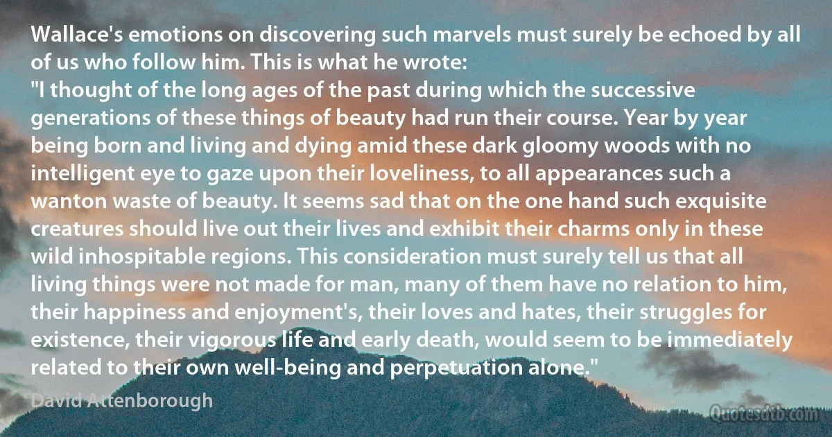 Wallace's emotions on discovering such marvels must surely be echoed by all of us who follow him. This is what he wrote:
"I thought of the long ages of the past during which the successive generations of these things of beauty had run their course. Year by year being born and living and dying amid these dark gloomy woods with no intelligent eye to gaze upon their loveliness, to all appearances such a wanton waste of beauty. It seems sad that on the one hand such exquisite creatures should live out their lives and exhibit their charms only in these wild inhospitable regions. This consideration must surely tell us that all living things were not made for man, many of them have no relation to him, their happiness and enjoyment's, their loves and hates, their struggles for existence, their vigorous life and early death, would seem to be immediately related to their own well-being and perpetuation alone." (David Attenborough)